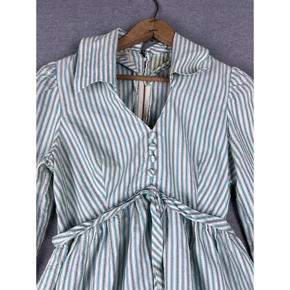 Vintage‎ Green White Striped Long Sleeve Mini Dress V-Neck Tie Waist Size 8